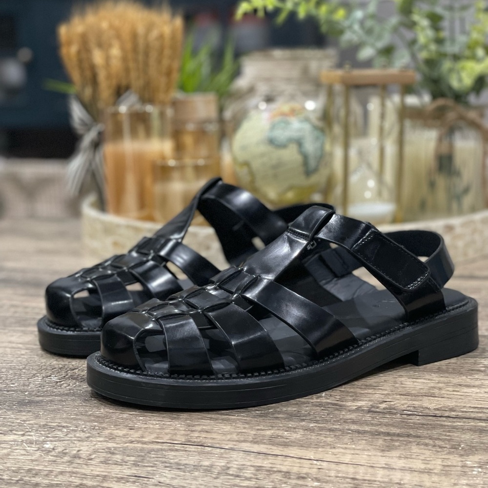 Zara Black Woven Leather Fisherman Sandals